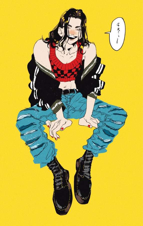 Anime girl in ripped jeans and boots against yellow background — Baji Wallpaper