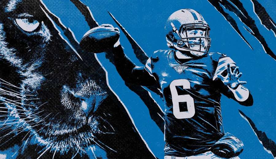 Football player number 6 holding ball beside roaring panther illustration. — Baker Mayfield Wallpaper