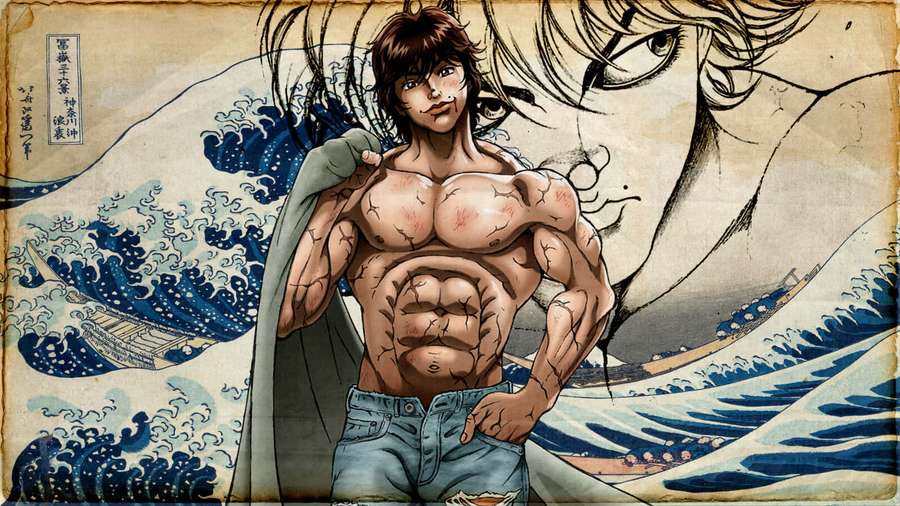 Anime man with cracked skin standing before a giant wave and face. — Baki The Grappler Wallpaper
