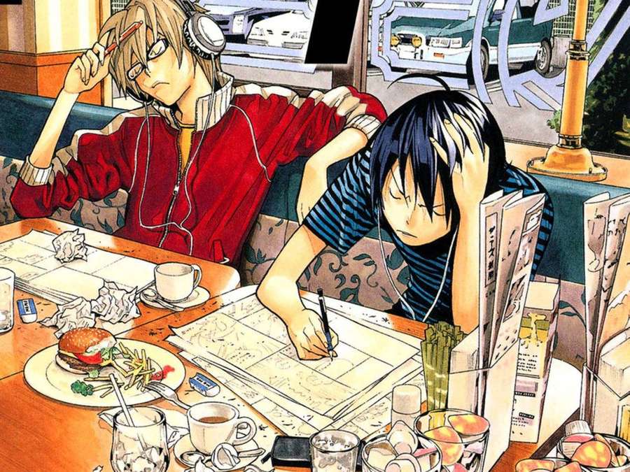 Two anime teens exhaustedly sketching at a cluttered cafe table with food and drinks. — Bakuman Wallpaper