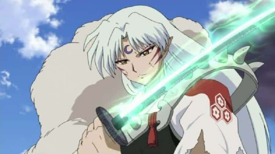 Anime character with white hair and crescent moon mark wielding glowing green sword. — Bakusaiga Wallpaper