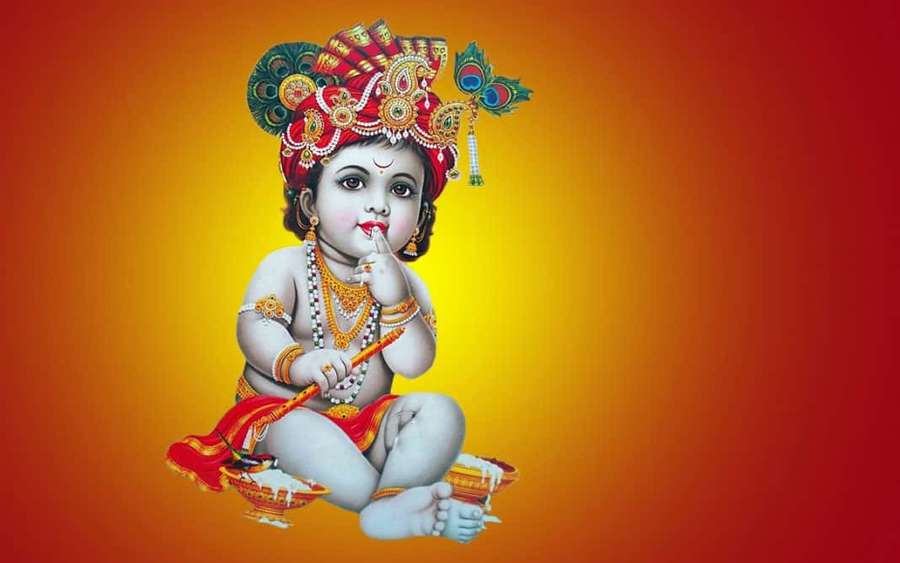 Divine child god Krishna adorned in jewels holding flute against warm gradient background — Bal Background