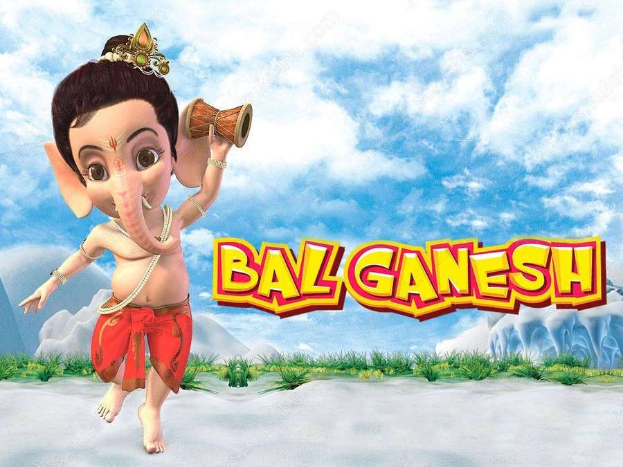 Cartoon baby Ganesha dancing with drum on snowy ground under blue sky. — Bal Ganesh Wallpaper