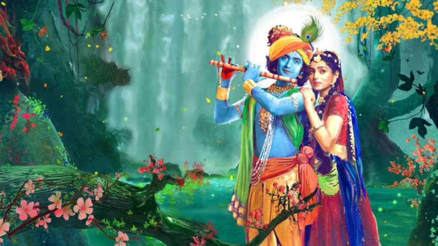 Blauhäutige Gottheit spielt Flöte mit Frau im Wald nahe Wasserfall — Bal Krishna Bilder