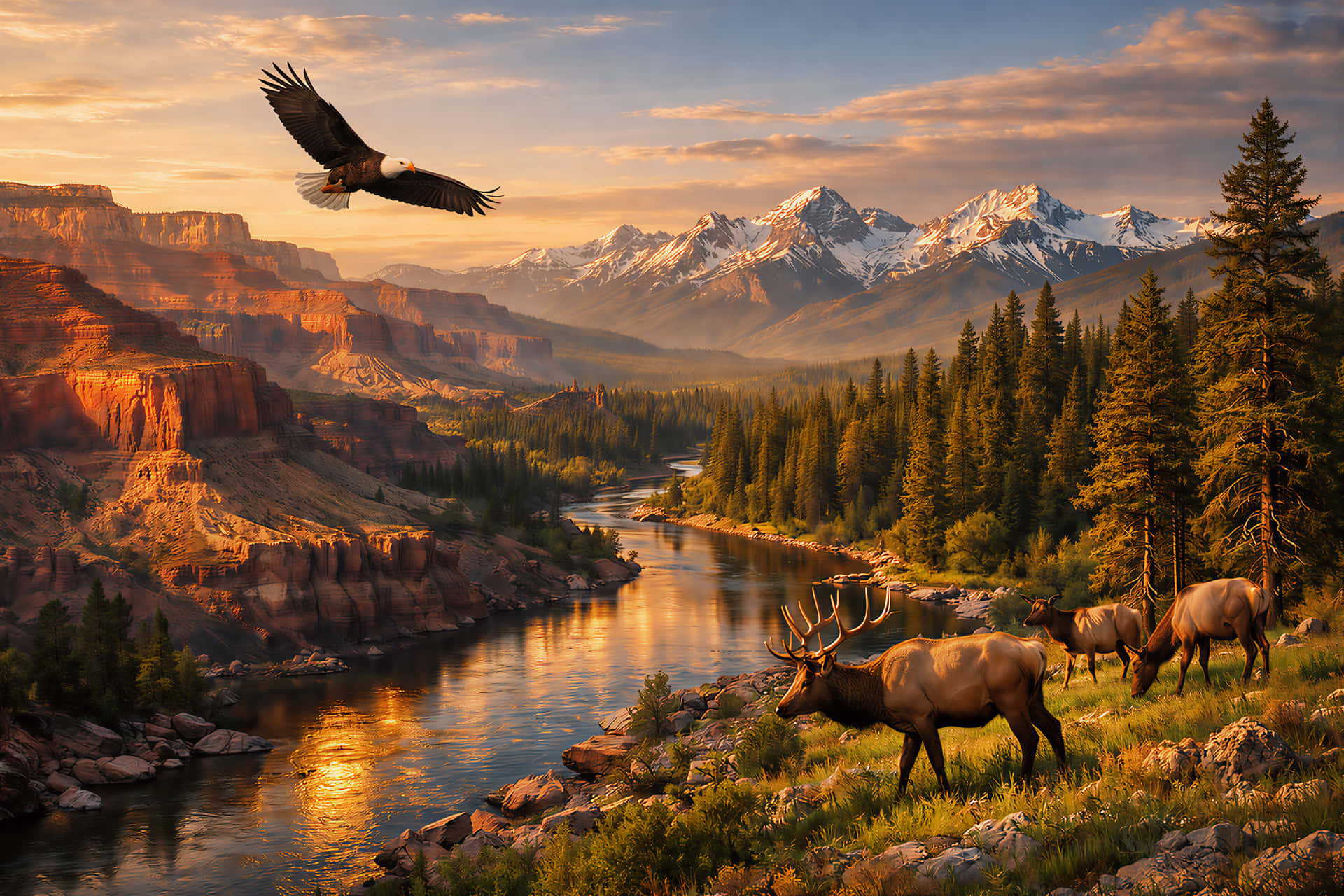Eagle flies over river with elk grazing near mountains at sunset — Bald Eagle Background