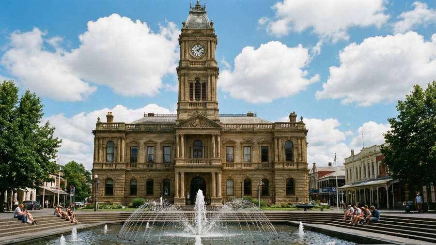 Ballarat Town Hall with clock tower and fountain, blue sky, people on steps. — Ballarat Picture