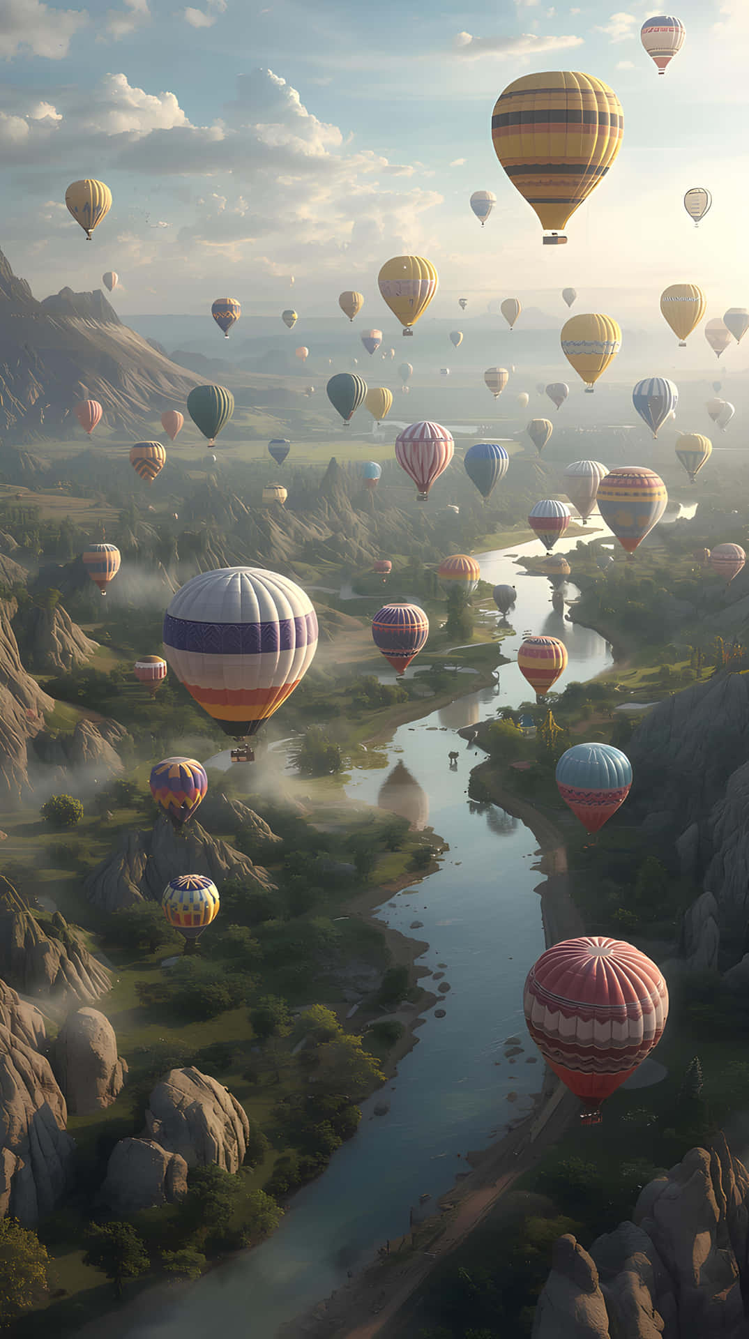 Hot air balloons float over a river through rocky valleys at sunrise. — Balloons Wallpaper