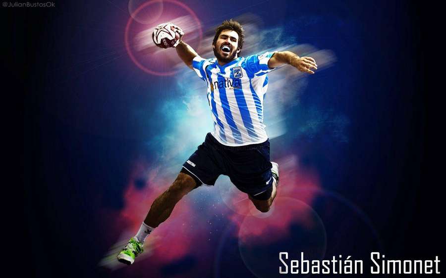 Jugador de rugby en camiseta azul y blanca saltando con balón contra fondo cósmico. — Balonmano Fondos de pantalla