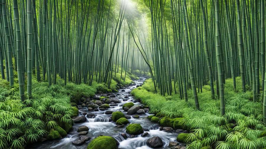 A tranquil bamboo forest with a flowing stream over mossy stones. — Bamboo Forest HD Wallpaper