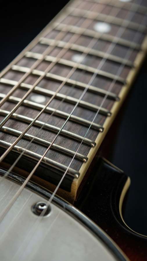 A macro view of banjo strings and frets with metallic detail. — Banjo Wallpaper