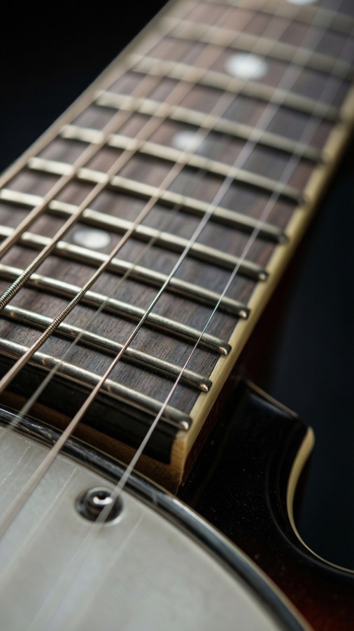A macro view of banjo strings and frets with metallic detail. — Banjo Wallpaper