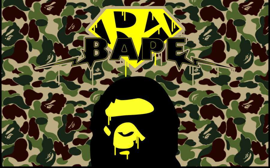 Yellow BAPE logo and ape head on camouflage background — Bape Camo Background