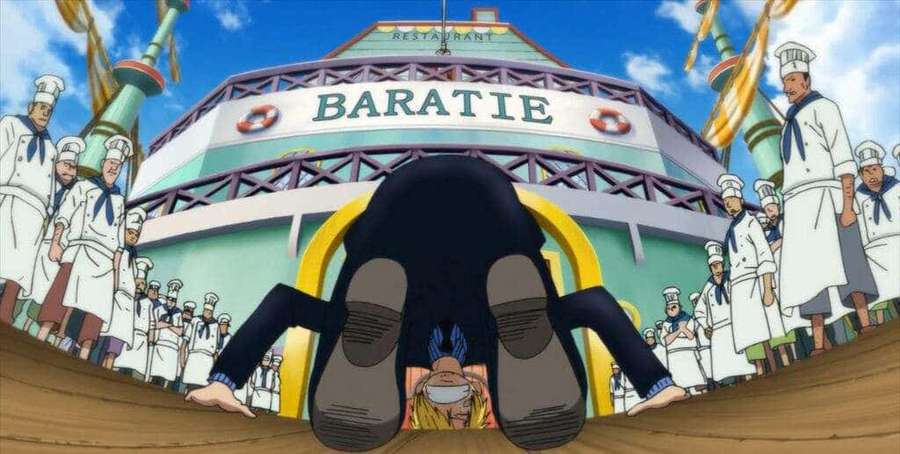 A character crawls toward the Baratie restaurant as chefs watch from the sides. — Baratie Wallpaper