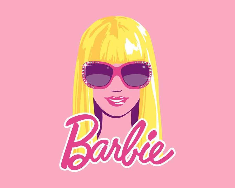 Personaje de Barbie con cabello rubio y gafas de sol rosas sobre un fondo rosa. — Barbie Fondos de pantalla