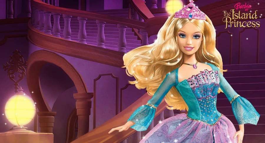 Barbie in a royal gown standing on a palace staircase with glowing lanterns. — Barbie Background
