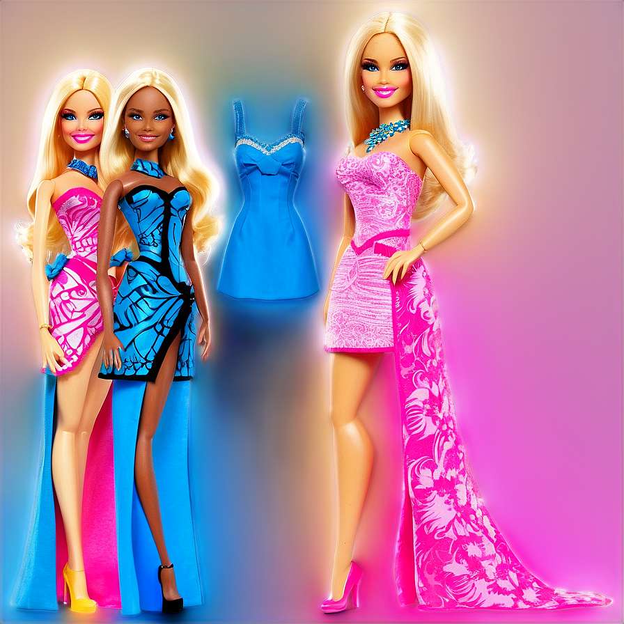 Three Barbie dolls in glamorous dresses with glowing effects. — Barbie PNG