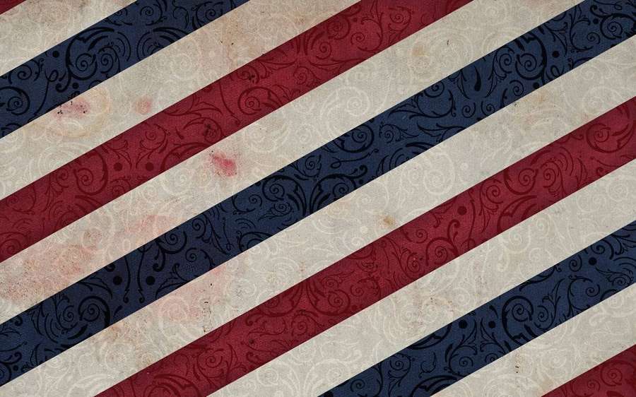 Vintage-Tapete mit diagonalen roten, marineblauen und cremefarbenen Streifen mit kunstvollen Wirbeln. — Barbier Wallpaper