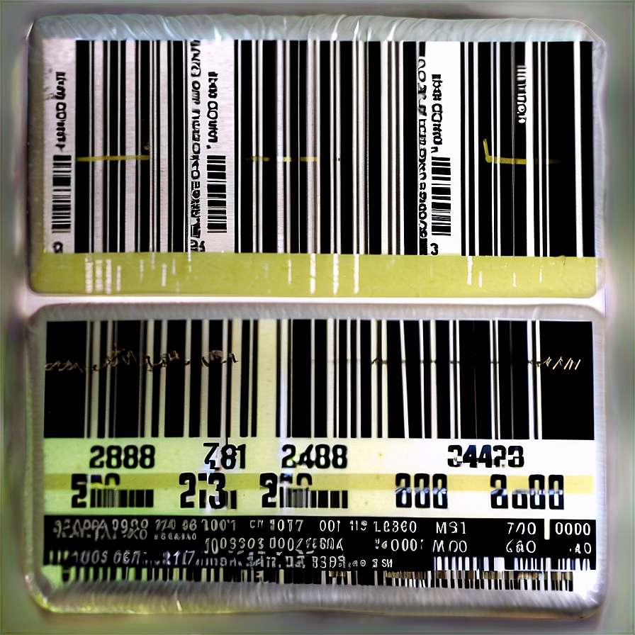 Two barcode labels on plastic with yellow tape and printed numbers. — Barcode PNG