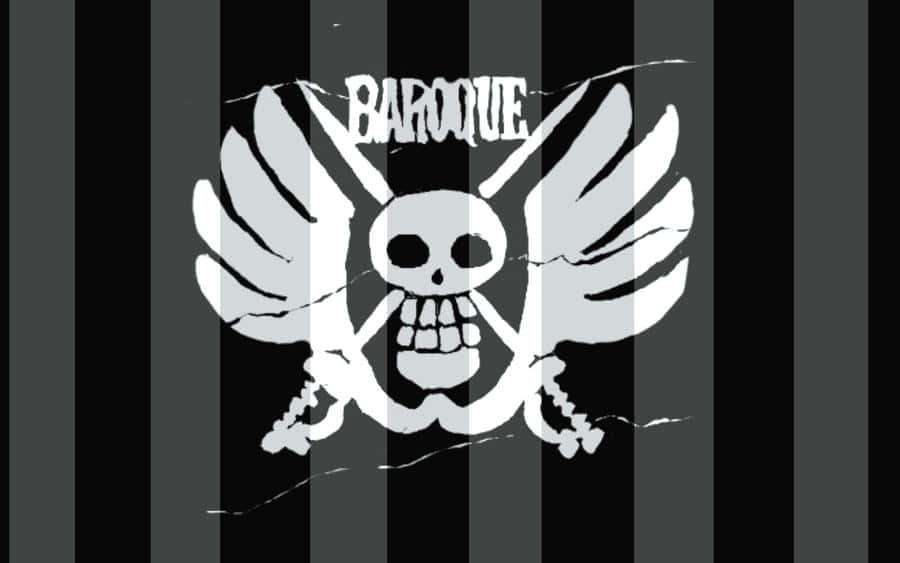 Pirate flag with skull wings and baroque text on black and white stripes. — Baroque Works Wallpaper
