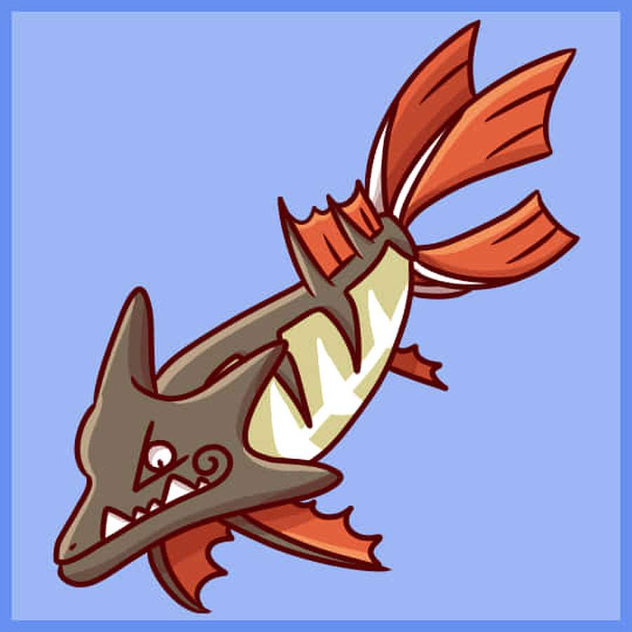 A cartoon fish with orange fins and sharp teeth swims against a blue background. — Barraskewda Picture