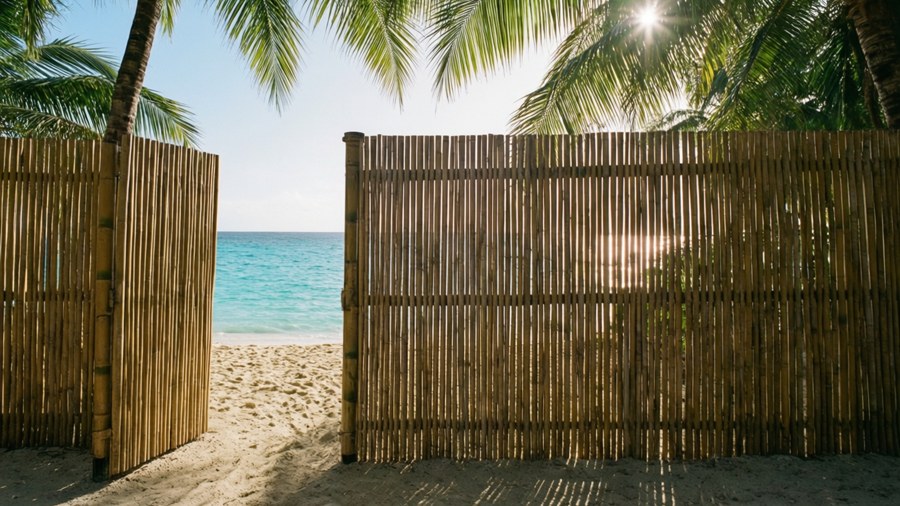 Bamboo barrier fence on tropical beach with turquoise sea — Barrier Wallpaper