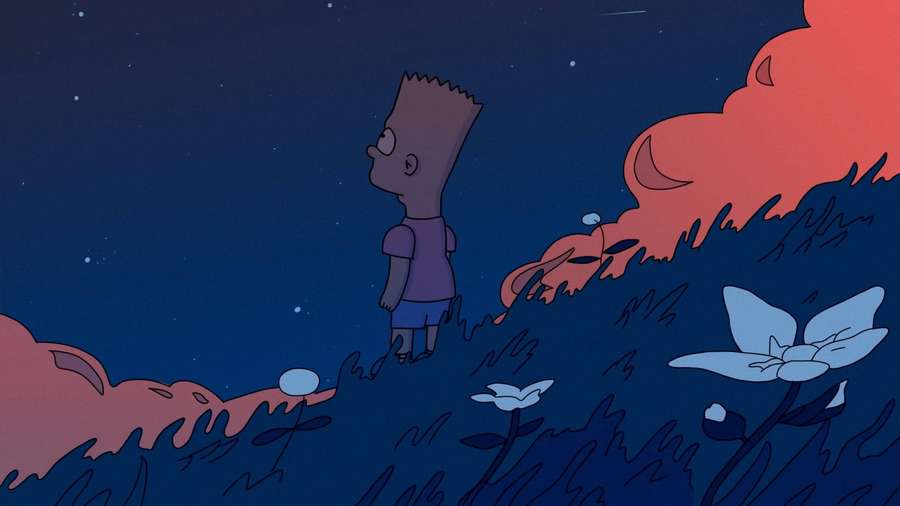 Bart Simpson standing on a hill at night with glowing clouds and flowers — Bart Sad Wallpaper