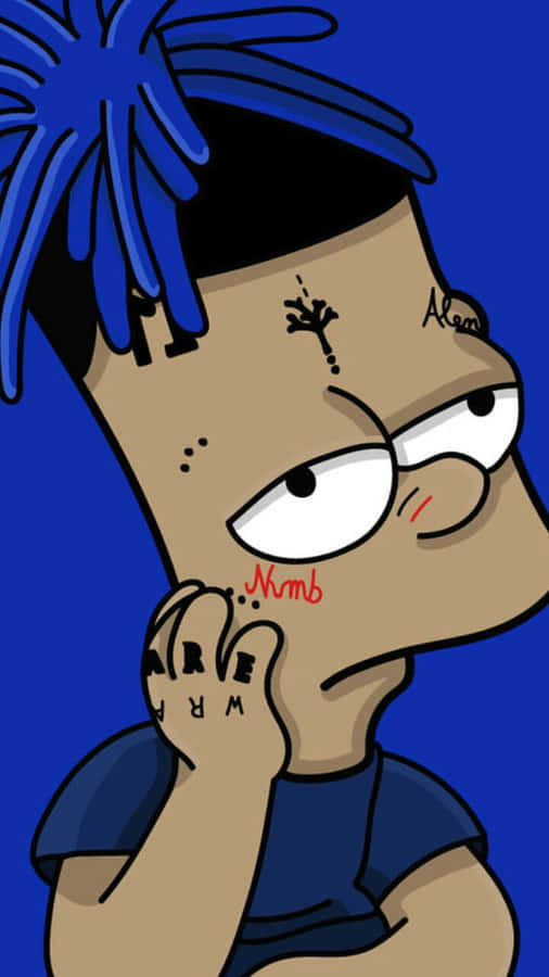 Cartoon-Figur mit blauen Haaren und Tattoos, die vor blauem Hintergrund nachdenkt — Bart Sad Bilder