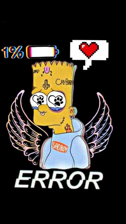 Bart Simpson com asas de anjo e olhos tristes usa um moletom 'SADBOY' sob uma faixa 'ERROR' com ícones de bateria baixa e coração pixelado. — Bart Simpson chorando Papéis de Parede