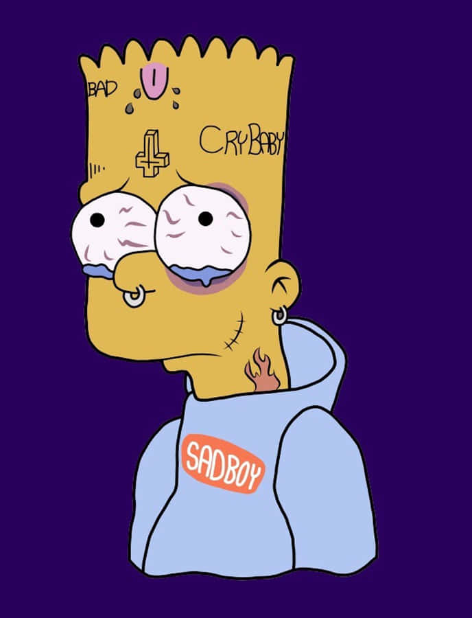 Bart Simpson com tatuagens e lágrimas usando um moletom 'SADBOY'. — Bart Simpson Crying Papéis de Parede