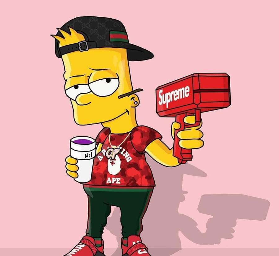 Bart Simpson in trendy streetwear holding a Supreme water gun and a drink cup. — Bart Simpson Gangster Wallpaper