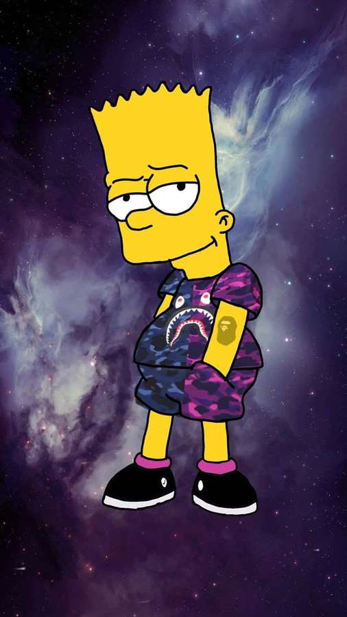 Bart Simpson avaruudessa violetti naamiointiasu yllään, jossa haiden ja BAPE-logot. — Bart Simpson Huume Taustakuvat