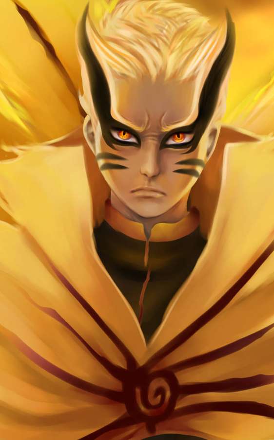 Anime ninja with glowing orange eyes and yellow cloak — Baryon Mode Wallpaper