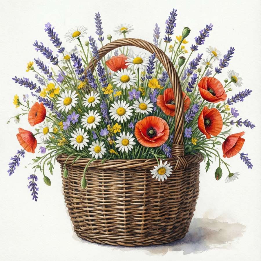 A vintage basket with wildflowers in watercolor style — Basket Picture