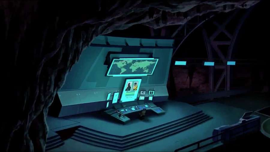 Futuristic control room with glowing screens in a dark cave. — Batcave Background