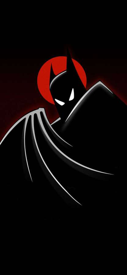 Silhouette di Batman con occhi luminosi e mantello su sfondo scuro con bagliore rosso. — Batman Animated Sfondi