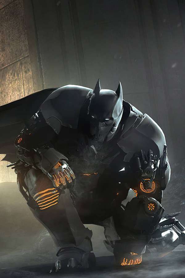 Batman in gepanzerter Anzug hockt in einer dunklen industriellen Umgebung mit glühenden orangefarbenen Akzenten. — Batman Arkham iPhone Wallpaper