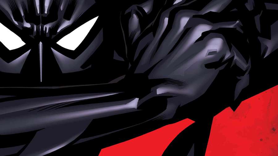 Black-suited superhero with glowing eyes and red cape in a dramatic pose. — Batman Beyond Background