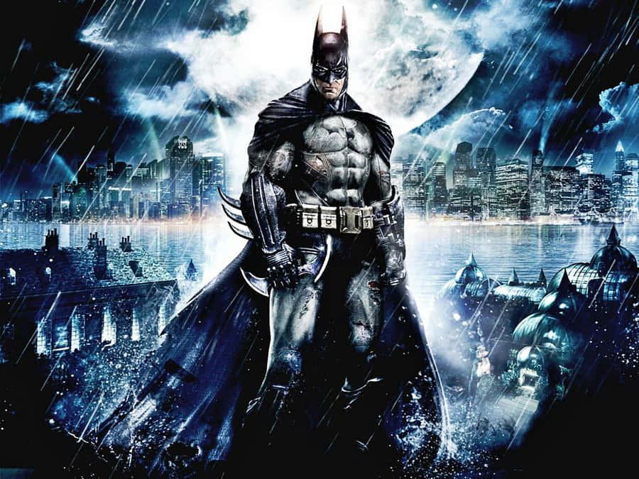 Batman stands in the rain on a rooftop overlooking a dark city skyline at night. — Batman Wallpaper