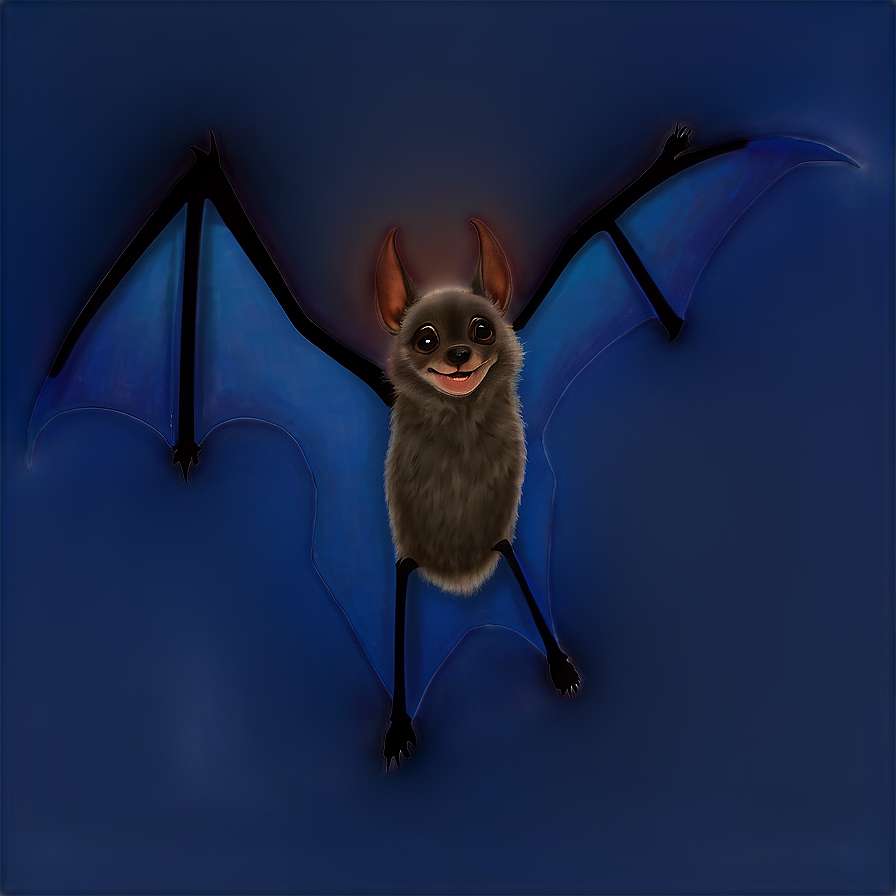 A smiling cartoon bat with glowing wings flying against a dark blue background. — Bats PNG