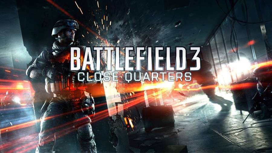 Soldat in Kampfausrüstung, der sich durch eine zerstörte städtische Umgebung mit Mündungsblitzen bewegt. — Battlefield 3 Wallpaper