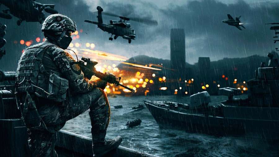 Soldat feuert Gewehr von Boot während regnerischer Nachtschlacht in Stadt mit Hubschraubern und Jets über Kopf. — Battlefield 4 Bilder