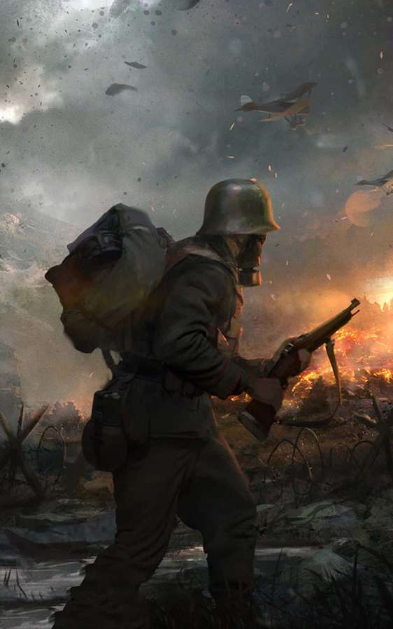 Soldat mit Helm und Ausrüstung bewegt sich durch Schlachtfeld mit Flugzeugen über Kopf und brennendem Feuer. — Battlefield Telefon Wallpaper