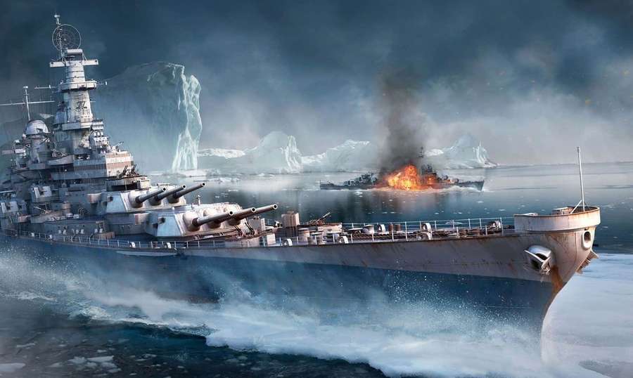 Battleship sailing through icy waters with burning ship and icebergs in background. — Battleship Picture