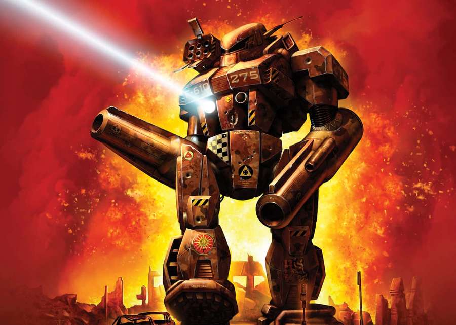 A giant armored mech firing a beam in a fiery ruined city. — Battletech Wallpaper