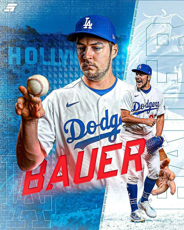 Baseballwerfer Bauer in Dodgers-Uniform hält einen Ball mit fokussiertem Ausdruck. — Bauer Hintergrundbild