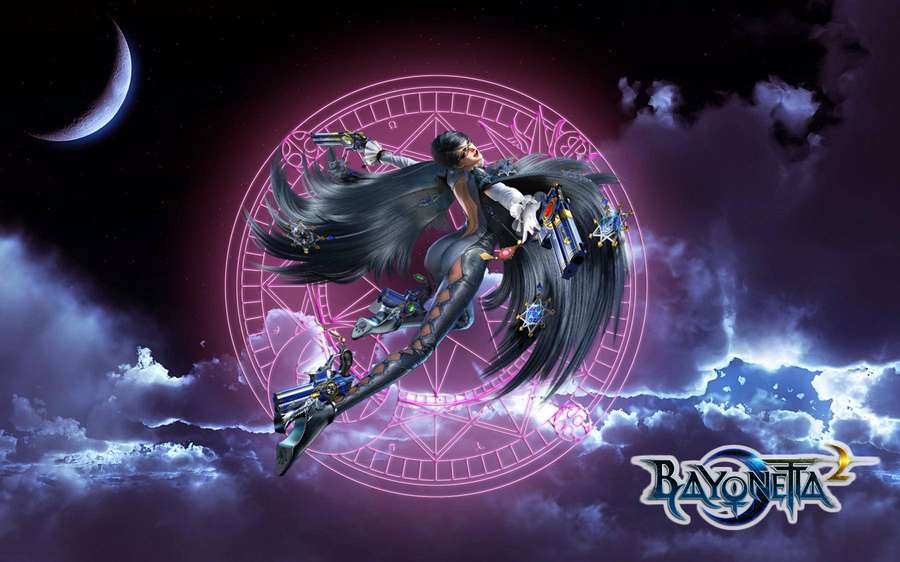 Anime character Bayonetta in midair with guns and long hair against a cosmic sky with a pink sigil and moon. — Bayonetta Wallpaper