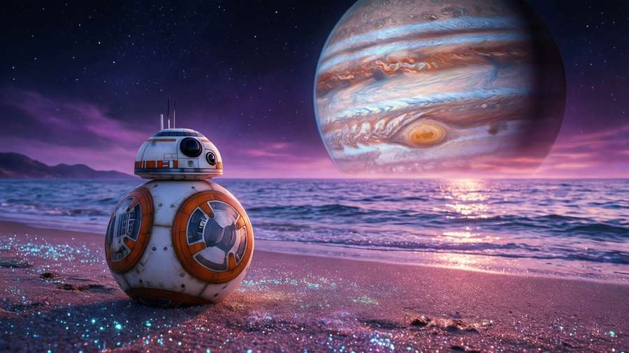 BB-8 on a glowing sand beach under a giant planet. — Bb 8 Picture