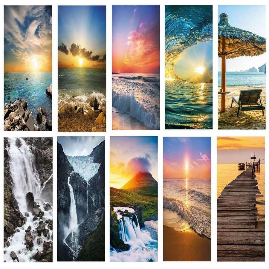 A collage of eight stunning natural landscapes including sunsets waterfalls and beaches. — Beach Collage Wallpaper