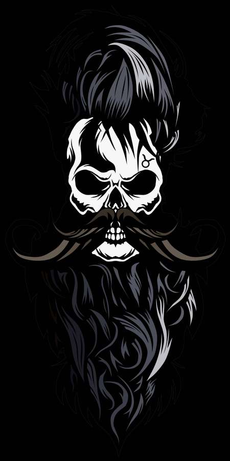 A skull with a beard and mustache in black and white illustration. — Beard Logo Wallpaper