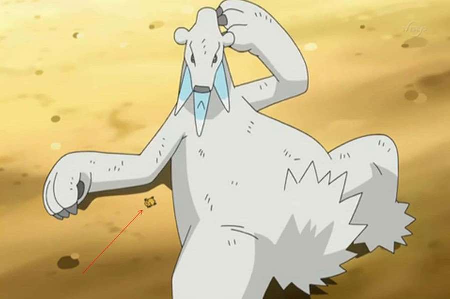 A large white ice Pokémon scratching its head in a desert with a small yellow creature nearby. — Beartic Picture